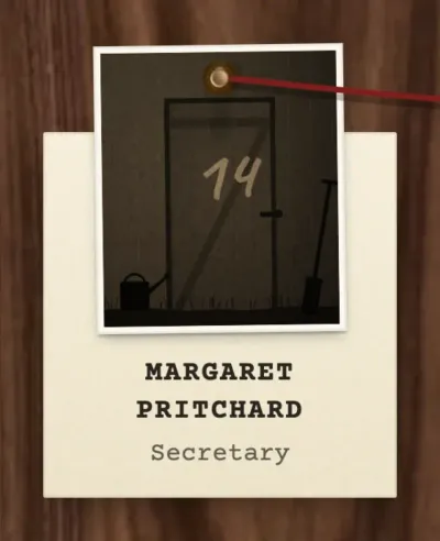 A small card pinned to the board, carrying a print of a shed door numbered 14 that hangs from a brass pin at its top edge, and below it the name Margaret Pritchard and the role Secretary. Red string runs from the pin off the edge of the frame.