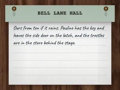 A note card headed BELL LANE HALL, with three handwritten lines: the hall from ten if it rains, Pauline with the key and the side door on the latch, the trestles in the store behind the stage.