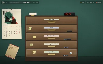 The app's folders page: a wooden filing cabinet against a green wall, five drawers labelled Plant Sale, Bees, Trading Hut, Working Parties and Open Day, four of them wearing a post-it with a date and a strip of embossed tape. A card index and a digital clock stand on the lid, a wall calendar hangs to the left with the fifteenth ringed and five more days marked, and the operator's field manual hangs pinned below it.