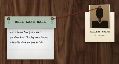 A note card headed BELL LANE HALL, its handwritten lines saying the hall is theirs from ten if it rains, and that Pauline has the key and leaves the side door on the latch. Red string runs from its right pin to a card from the index, a print pinned at the top over the name Pauline Crane and the role Caretaker.